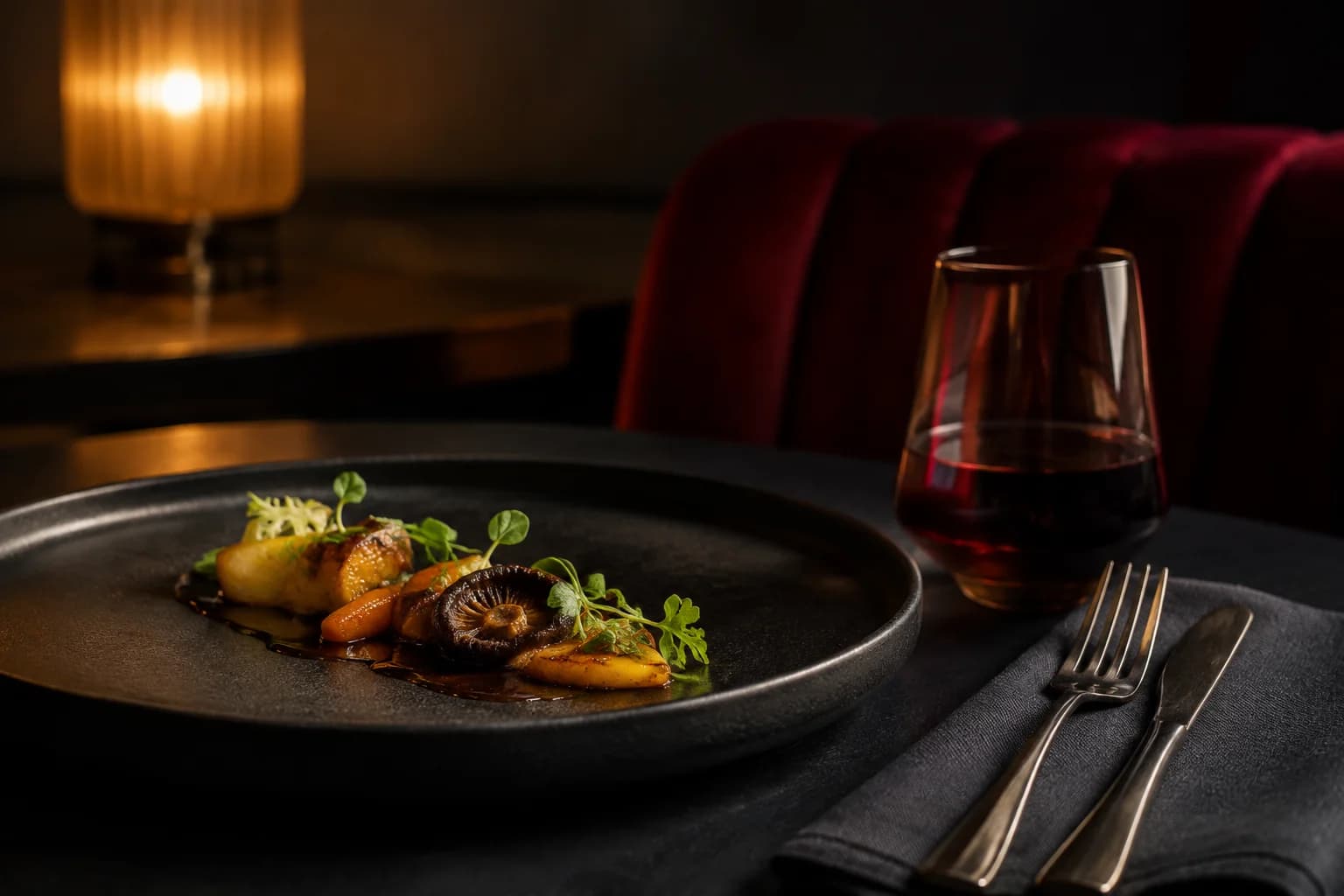 Mesa de Nocturne con plato de degustación, copa y luz cálida